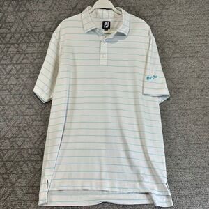 FootJoy FJ Golf Polo Shirt White Light Blue Stripe Mar Jac Logo Men's L